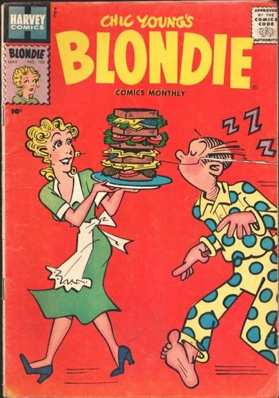 Blondie carrying a plate with a giant club sandwich in front of a sleepwalking Dagwood Bumstead presumably to lead him back to bed.