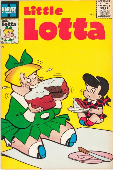 Little Lotta in green and Little Dot in polka dots are sitting and eating cake. Little Dot has a small slice and Little Lotta holds the rest in her hands as she dines.