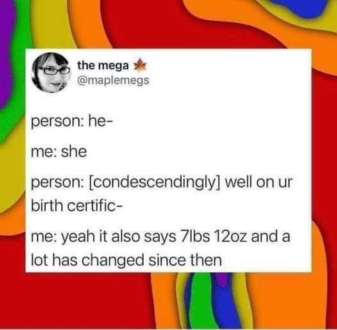 person: he- 

me: she

person: [condescendingly] well on ur birth certific- 

me: yeah it also says 7lbs 120z and a T lot has changed since then!