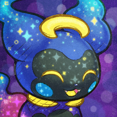 Digital bust artwork of a Pokémon original character based on Skitty and Cosmog at a 3/4 angle looking forward towards the right side of the image with an open smile. Behind it is a gradient blue to purple background and various faint, fuzzy spots of pink, blue and white.