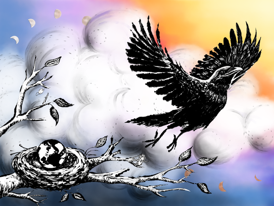 The cover artwork for First Flight, by Akire Bubar. The illustration shows a crow leaping joyously into flight against a large cloud and a sky of brilliant sunset colors. On the left is a nest on a tree branch; the egg in the nest is actually the world, with an "X" written on the northeast United States. A small gear is tucked into the nest with the world-egg, and a tiny surgical mask dangles from a branch above. Pale waxing crescent moons curve up then down again in the top left sky, darkening slightly and disappearing behind the cloud. The string of moons continues in the bottom right sky below the cloud, curving down and then up and to the right again. Each moon to the right is darker and redder than the one before.