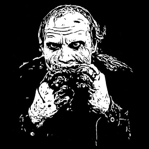 Pen drawing of Bub the zombie from Day of the Dead eating guts drawn on a black background.