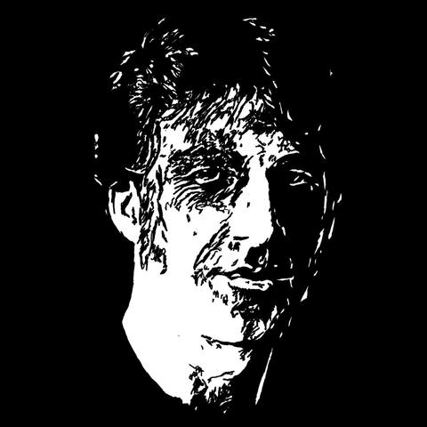 Pen drawing of a calm looking, smiling zombie drawn on a black background.