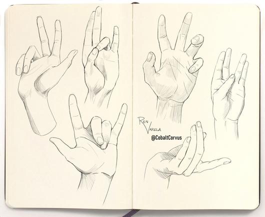 Digital sketches of six hands in various poses.