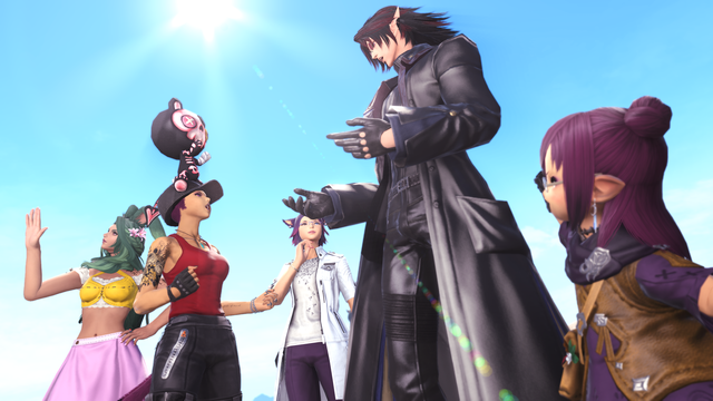 Joan chuckles at Lillian and Lucien, who are having an argument with each other as Camilla eggs them on and Lola stares at her nails. A beam of sunlight fills the image from above.