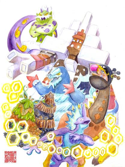 Watercolour painting of six Pokemon. Tornadus (a green ogre floating in a cloud) hovers in the back behind Garganacl (a large stony tower made of stacks of salt and rock), which is using the move Wide Guard (glowing hex shapes) around a Baxcalibur (An icy bipedal dragon), Wo-Chien (A leafy snail whose shell is formed from wooden tablets), Farigiraf (A giraffe wearing a hood that looks like another head) and Toxtricity (A purple humanoid gecko with a blue lightning mane).