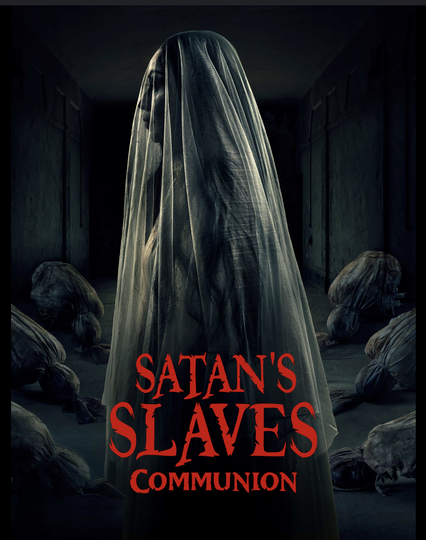 A creepy woman in a shroud stands in a room of shrouded corpses.