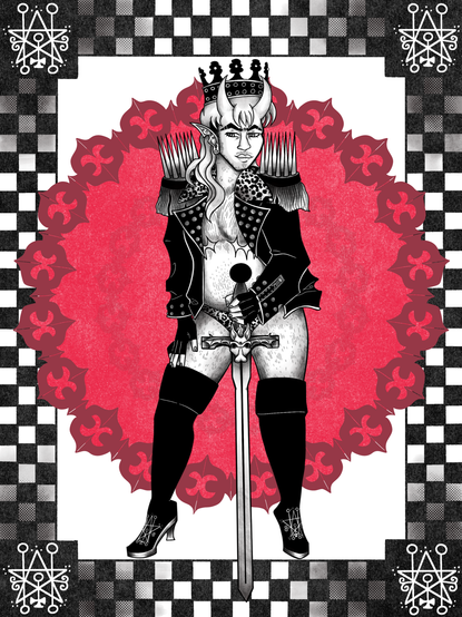 Astaroth poses with his sword. He is hairy and has top surgery scars. He is wearing leather gear and a crown.