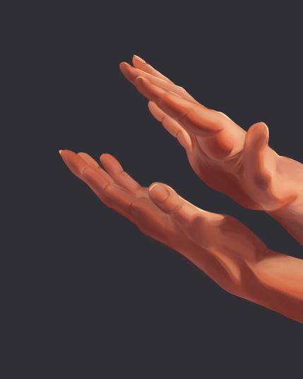 A digital painting of two hands with palms facing each other on a dark background. Hands are coming in to the frame from the right side with only a small portion of the arm visible.
