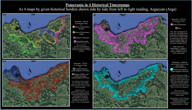 Image of 4 Maps of Pomerania, showing 4 different historical borders either of Pomerania or the countries & areas that constitude Pomerania, layed above each other.