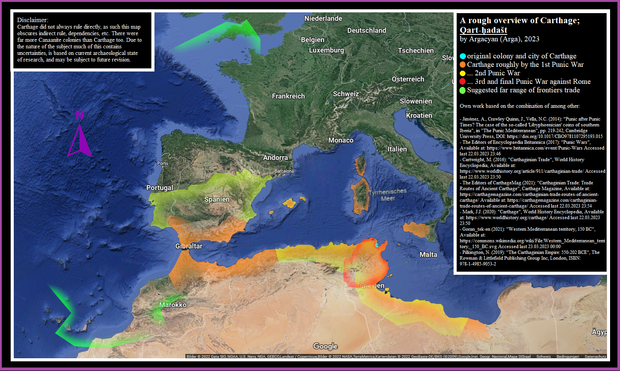 Map depicting the original colony & city of Carthage, as well as the Carthaginian Empire at 3 more points in time, and also a suggested far range of frontiers trade between it & other areas from north Africa to Britain.
