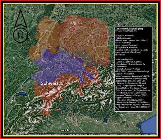 Map depicting the Alemannic linguistic group and its subdivisions. Covered by this group are the areas of Baden-Würtemberg in Germany, most of the land of Switzerland, Elsass /Alsace currently in France, the Vorarlberg in Austria, as well as certain valleys in northern Italy.
