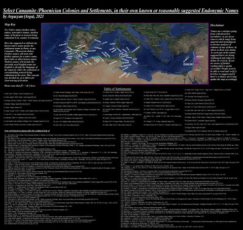 Map showing select Phoenician  / Canaanite colonies and settlements with their known or reasonably suggested endonymic names. Version A, indicating the first native name next to its location on the map.
