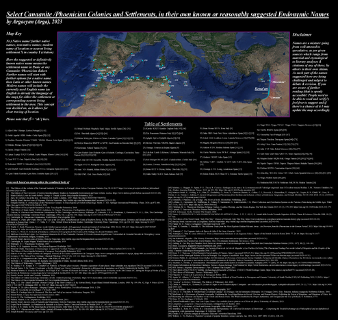 Map showing select Phoenician  / Canaanite colonies and settlements with their known or reasonably suggested endonymic names. Version B, indicating only the reference number next to settlement location on the map. This version is for if version A is too hard to read.