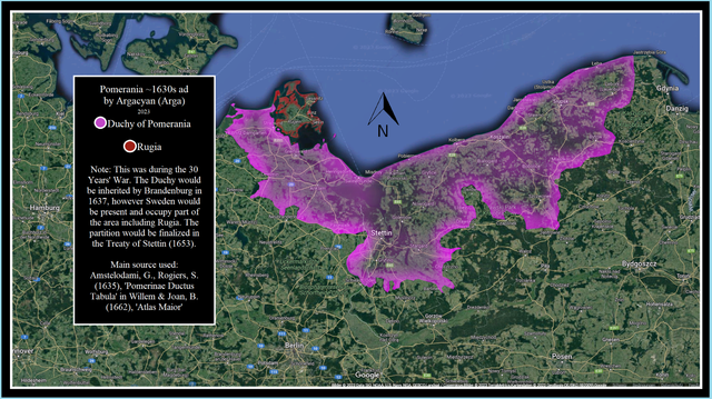 Map of Pomerania during the 30 Years' War. Depicted are the Duchy of Pomerania as well as Rugia in particular, which was under Swedish occupation.