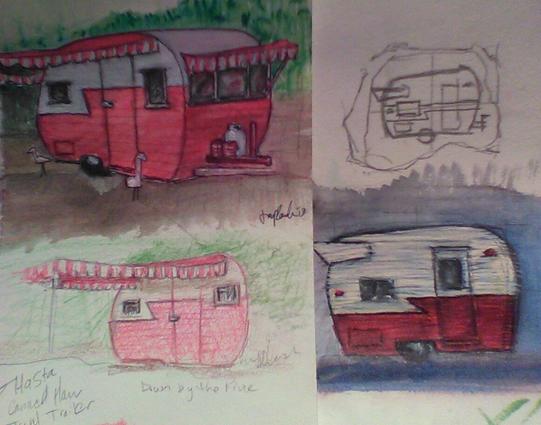 4 color drawings of a Shasta Canned Ham travel trailer in pencils and acrylics.