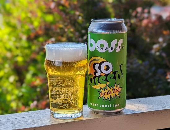 A glass and can of So Green Fresh Hop West Coast IPA from Boss Rambler Beer Club of Bend, Oregon
