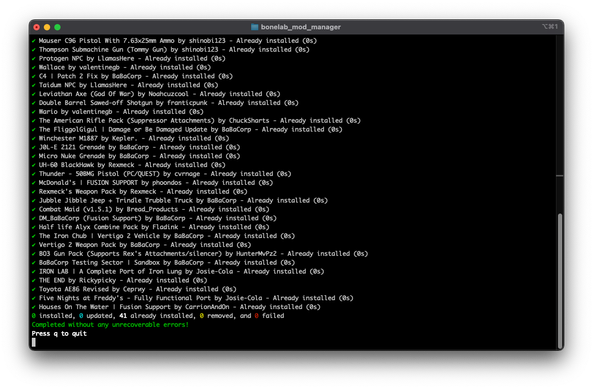 Version 0.2.0 of the Bonelab Mod Manager, showing the improved summary at the bottom, which reads "0 installed, 0 updated, 41 already installed, 0 removed, and 0 failed". Each statistic is colored uniquely.