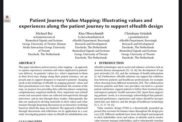 Screengrab of paper

“Patient Journey Value Mapping: Illustrating values and experiences along the patient journey to support eHealth design”

Authors: Michael Bui, Kira Oberschmidt, Christiane Grünloh

Abstract 

This paper introduces patient journey value mapping - an approach to capture experiences, emotions and values implicated in patients' care delivery. As patients' values (i.e., what's important to them in their lives) may change along their patient journeys, our approach aims to support designers to respond to patients' changing needs in the (re)design of Health, by mapping patients' values and their prioritisations over time. To substantiate the creation of the map, we propose two preceding data collection phases comprising complementary empirical methods. First, important care-related events and associated values are collected retrospectively through interviews, and in-situ through diary studies. Subsequently, the data are analysed to develop materials to elicit values and value tensions through deepening discussions in an interactive workshop based on which the maps are finalised. The approach is illustrated through discussions and reflections on its application in a case study investigating patient values in Health for rehabilitation care.