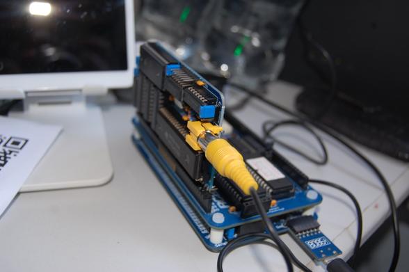 An RC2014 Mini with CP/M upgrade kit, with the TMS9918 card in the left-hand expansion slot. An RCA cable is connected to the composite output port on the video card.