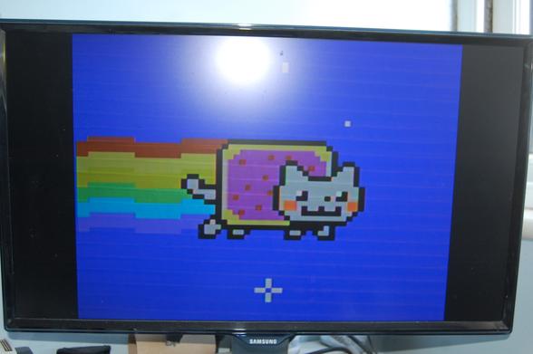 A frame from a sample Nyan Cat animation displayed on a Samsung flat-screen TV.