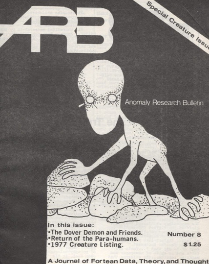 Black and white magazine cover with an illustration of the Dover Demon, basically a Gollum-looking guy without a visible nose or mouth but huge eyes.
