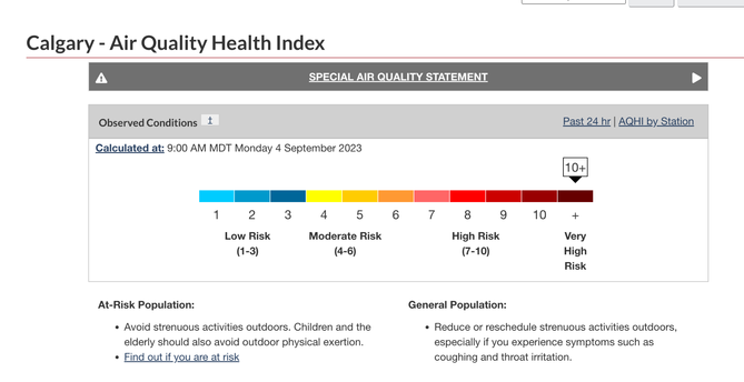 Environment Canada's Air Quality Health Index shows a rating of 10+ on a scaqle from 1 - 10 of how bad our air quality is.