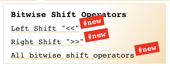 Bitwise Shift Operators
Left Shift "<<"
#new
Right Shift ">>"
#new
All bitwise shift operators
#easy
#new