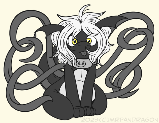 Drawing of Tailisup the dragon, sitting with his tongue out slightly, various black tentacles curling upon themselves behind him.