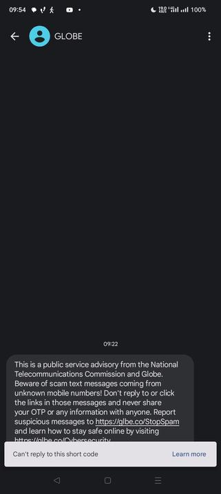 A screenshot of an SMS alert about scams and spams.