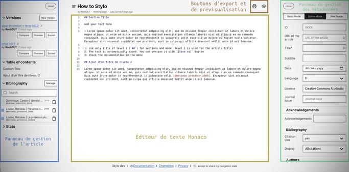 Capture d'écran de l'éditeur de texte scientifique Stylo, accessible via la plateforme Huma-Num.