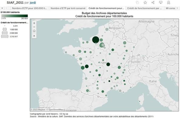 Visualisation cartographique des crédits de fonctionnement des services d'archives départementales en 2011, réalisée par Jordi Navarro sur Tableau-public