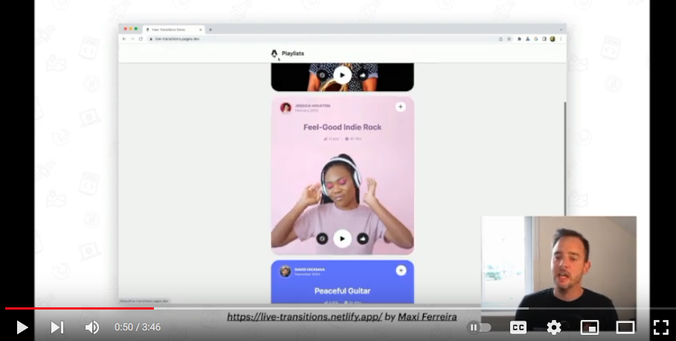 A snapshot of @bramus' video shot for W3C TPAC 2023 event on the topic of "Animate between states with the View Transitions API"