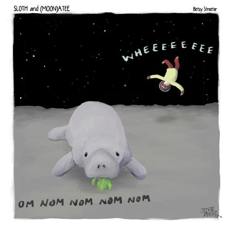 Color single panel Sloth and Manatee comic, in which Manatee is eating leaves on the moon while Sloth spins upside down behind