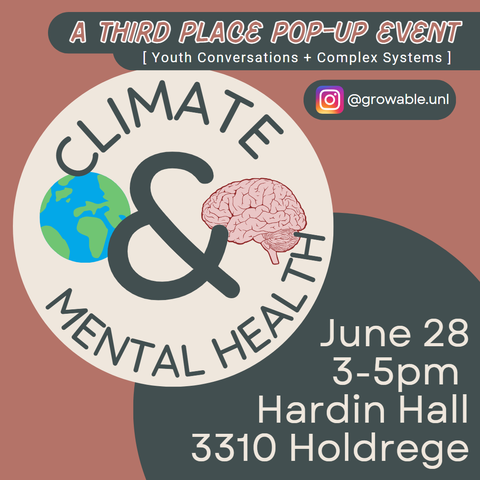 Flyer advertising a Climate and Mental Health event on June 28, 2023 from 3-5pm in Lincoln, Nebraska