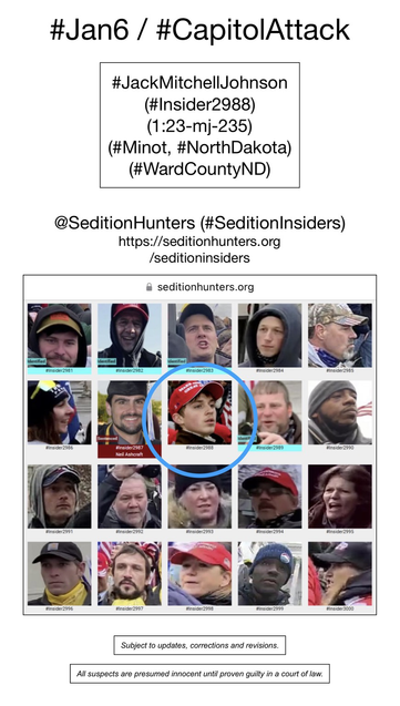 Photos of January 6th riot suspects who illegally entered the US Capitol Building, including Jack Mitchell Johnson (Minot, North Dakota).