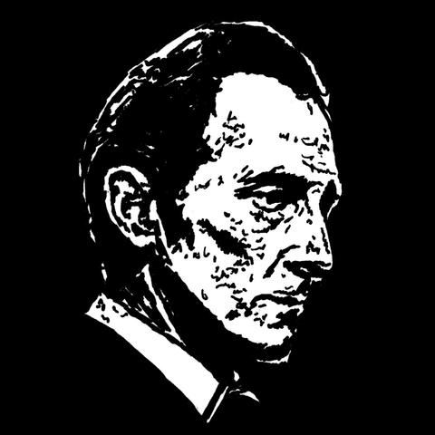 Pen drawing of Peter Cushing in gothic attire in profile drawn on a black background.