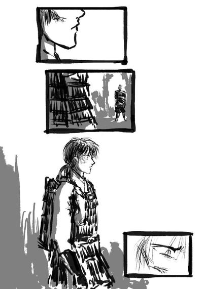 First page preview of fight / flight part 3, a comic drawn in a digital ink-brush style with greyscale shading. Two warriors in Kamakura-period armor (Hokushin and Otake) face each other. Hokushin faces Otake, looking as if he’s in a daze. Then the look in his eyes changes.