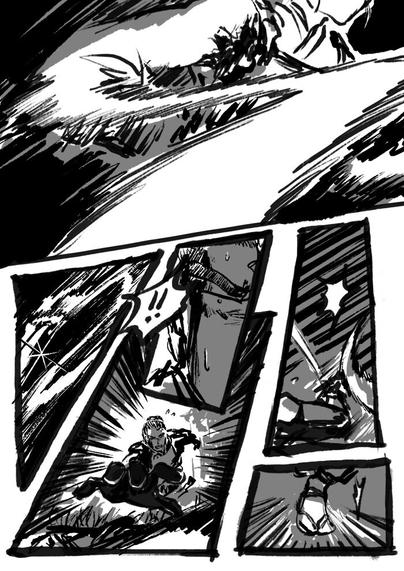 Second page of fight / flight part 3. Hokushin’s arms both extend rapidly, revealing his demon nature. One arm whips out to grab his sword. Otake realizes that Hokushin's aiming for Otake's fallen sword with his opposite arm and quickly pounces for it before Hokushin’s other arm can reach it. Closeup of Hokushin’s feet as he dashes towards Otake.