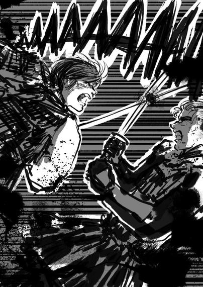 Third page of fight / flight part 3. Hokushin screaming and charging at Otake as the latter blocks the attack