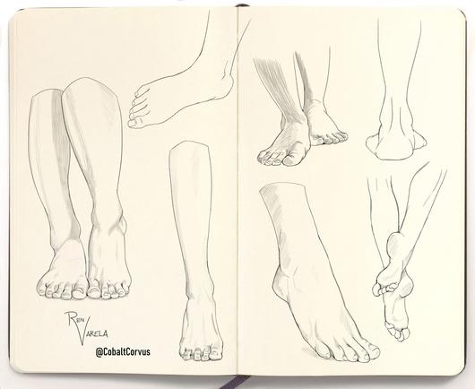 Seven digital sketches of feet and legs in various poses.