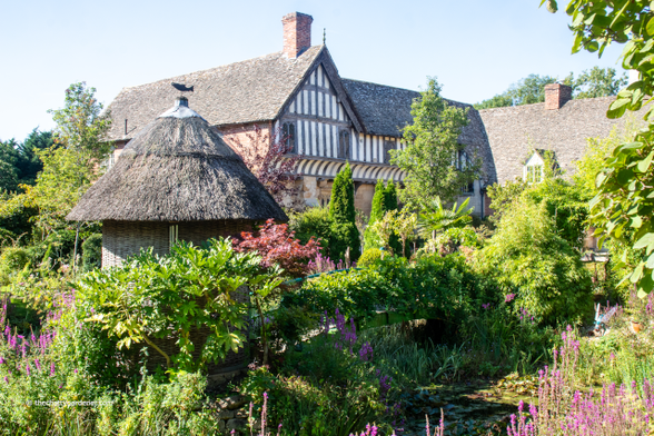 Timber fronted building with plants and trees in front including wisteria-covered Monet-style bridge leading to small thatched Fijian house.