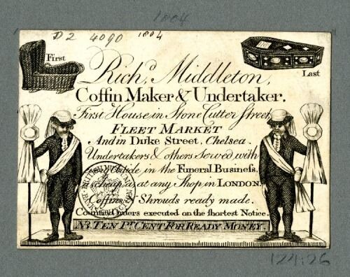 A trade card for Richard Middleton featuring a black coffin and undertakers.