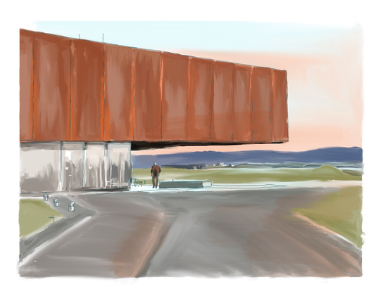 ￼ der mit rostigen Platten verschalte Quader ￼des Kelten Welt Museums scheint über der Landschaft zu schweben. Im Vordergrund ein breiter Asphalt Weg von der linken Seite ragt Gebäude in die Szene im Hintergrund grüne Landschaft und blaue Hügel. der Himmel ist rosig