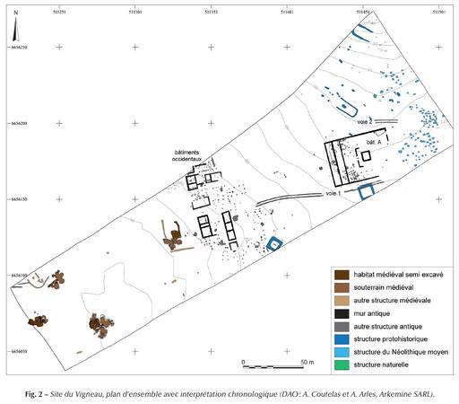 Site du Vigneau, plan d’ensemble avec interprétation chronologique