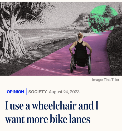 Title picture article: Women in a wheelchair on what seems to be a bikelane