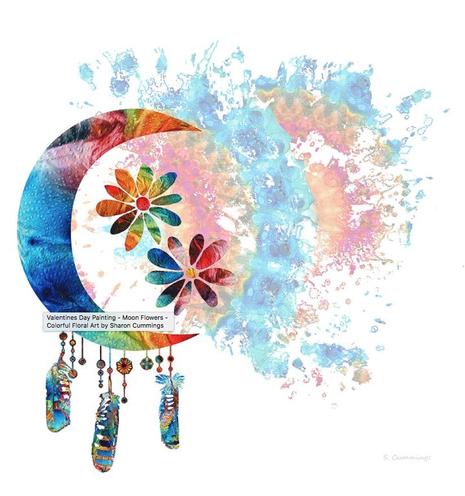 Colorful crescent moon with flowers and feathers in a rainbow of colors by artist and poet Sharon Cummings.  Haiku in post.