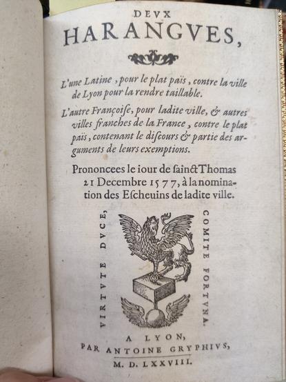 Title page of 1578 book with a gryphon printer device for Antoine Gryphus, title "Deux Harangues".