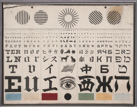 7 columns of the same eye chart, each using a different alphabet except for one that uses silhouetted symbols such as animals. Each mini chart has a different colored rectangle at the bottom. At the top of the page there are circle shapes with lines through them at different angles to represent contrast. Aside from the colored rectangles, the entire chart is black on white.