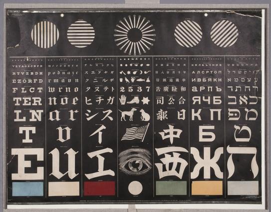 7 columns of the same eye chart, each using a different alphabet except for one that uses silhouetted symbols such as animals. Each mini chart has a different colored rectangle at the bottom. At the top of the page there are circle shapes with lines through them at different angles to represent contrast. Aside from the colored rectangles, the entire chart is white on black.